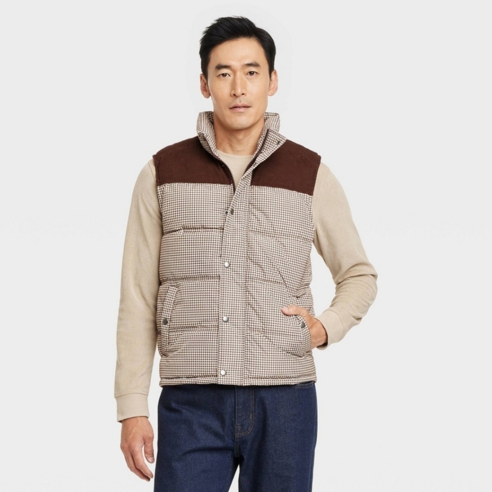 Men's Plaid Midweight Puffer Vest - Goodfellow & Co Brown XL